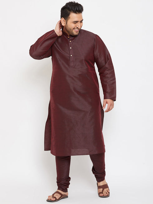 Vastramay Men's Plus Size Wine Silk Blend Kurta Pyjama Set